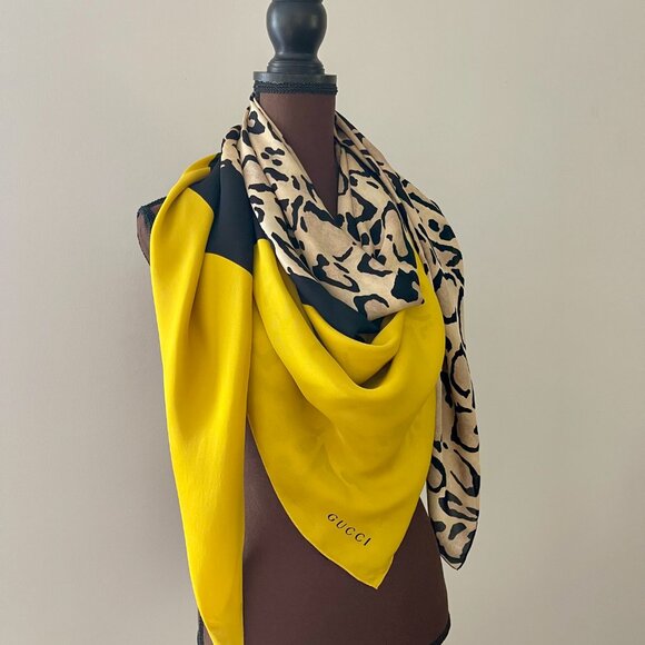 New Gucci Oversize Shawl Leopard Print Silk Yellow Wrap Scarf Cover - Picture 6 of 16
